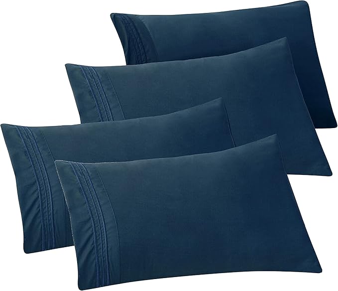 Elegant Comfort 4-PACK Solid Pillowcases 1500 Premium Hotel Quality Microfiber - Smooth Weave, Wrinkle and Stain Resistant, Easy Slip-On, 4-Piece Set, Standard/Queen Pillowcase, Navy