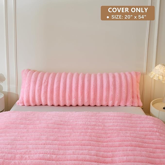 MEGO Fluffy Faux Rabbit Fur Body Pillow Cover, Soft Plush Fuzzy Wide Striped 20x54 Body Pillowcase with Zipper, Home Decorative Shaggy Furry Ribbed Long Pillow Cover for Bed Couch Sofa Bedroom, Pink