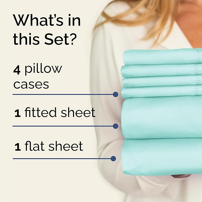 Queen 6 Piece Sheet Set - Comfy, Breathable & Cooling - Hotel Luxury Bedding for Women, Men, Kids, Teens & Children - 1 Flat & 1 Fitted Sheet & 4 Pillowcases w/ Deep Pockets - Wrinkle Free - Spa Blue
