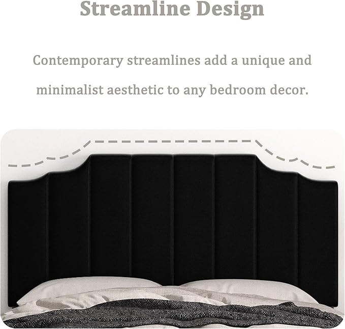 Befurtori Queen Size Headboard Only, Velvet Wall Mounted Headboard Queen Size for Adjustable Bed, Modern Vertical Channel Design with Curved Tufted Upholstered Head Board and Luxury Soft Padded, Black