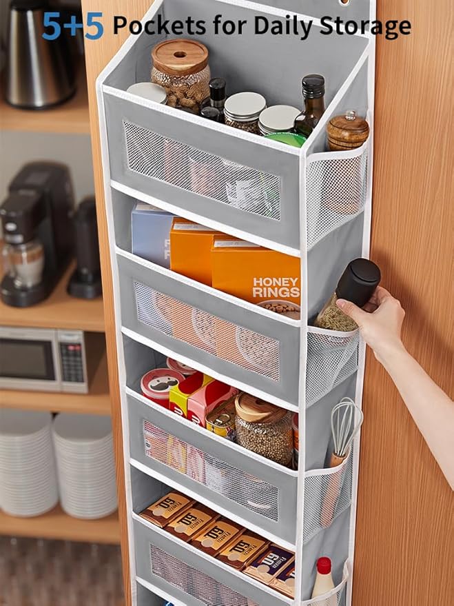JARLINK Over The Door Organizer Storage, 5 Shelf Hanging Door Organizer with 5 Large Capacity Pockets, Anti Tilt 44 lb Load Behind Door Storage for Bedroom, Bathroom, Pantry, Nursery, (Grey)