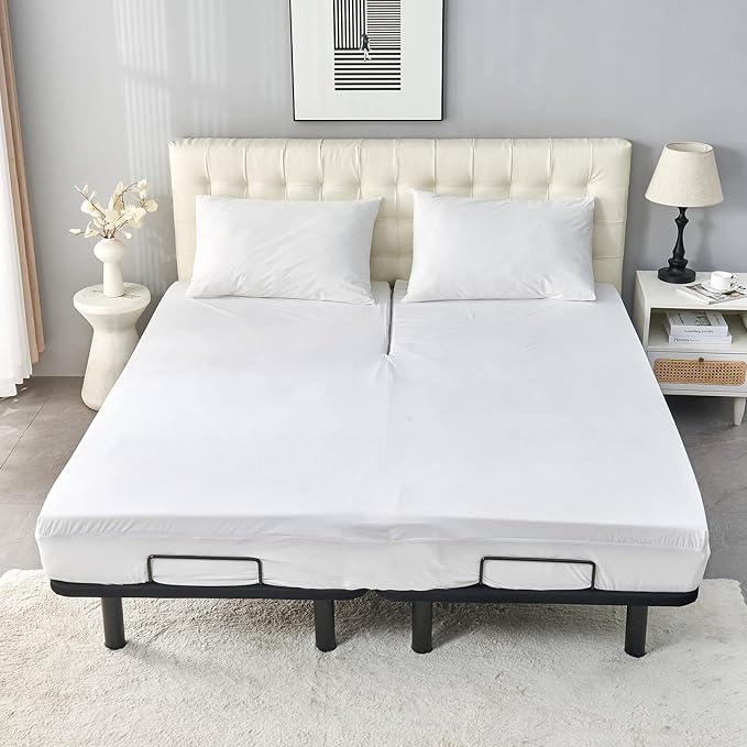Kingnex Waterproof Half Split Top King Mattress Protector for Adjustable Bed with Upper Flex 36-39 from Head Ultra Soft Bamboo Viscose Jersey Noiseless Fitted Matress Cover