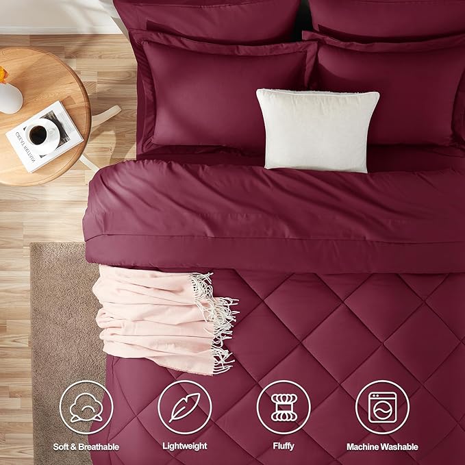 CozyLux King Size Comforter Set Burgundy - 7 Pieces Bed in a Bag King, Luxury Soft Bed Set for All Seasons, Bedding Set with Down Alternative Comforter, Sheets, Pillowcases & Shams