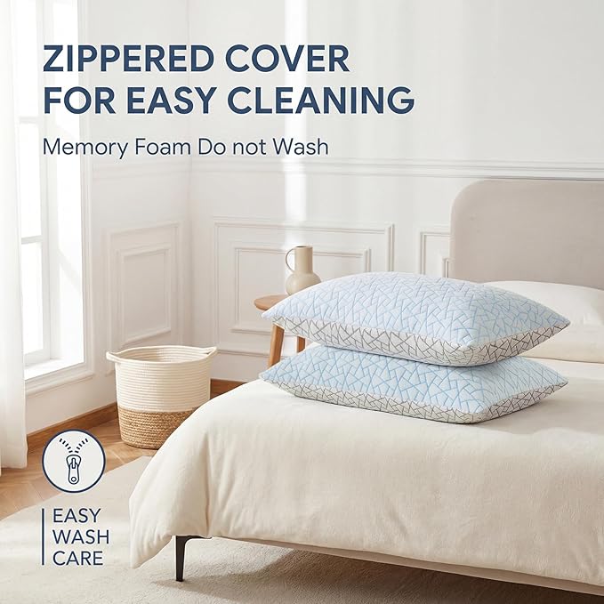 Alkyonos Cooling Pillow for Sleeping：Adjustable Shredded Memory Foam Bed Pillow, Queen Size Set of 2 with Ice Cover, Breathable & Supportive for Side, Back and Stomach Sleepers