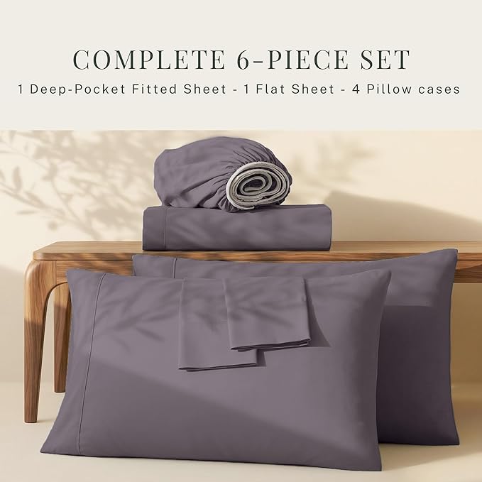 Hearth & Harbor Bed Sheets, Luxury Soft 6 Piece Bed Sheet Set Extra Deep Pocket Fitted Sheets Fits Mattress up to 21", Double Brushed Bedding Sheets & Pillowcases, Full, Purplish Gray