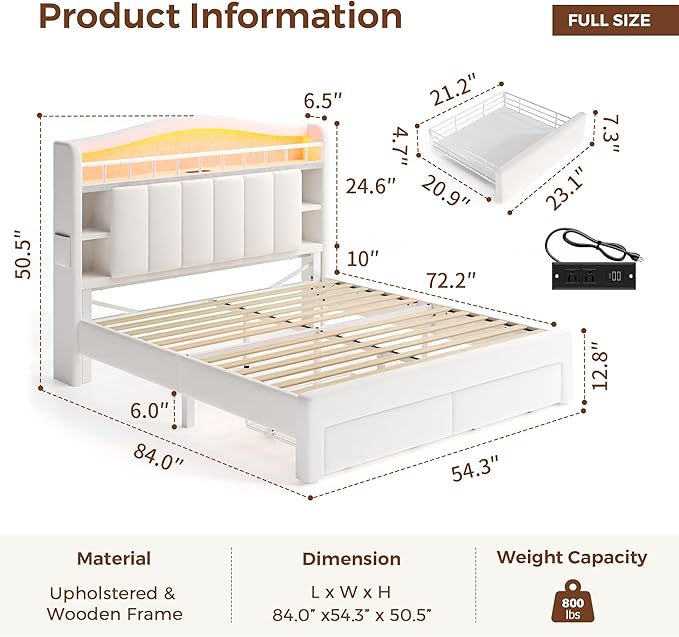 Full Size Bed Frame with LED Storage Headboard & 2 Storage Drawers, Velvet Upholstered Bed with Vertical Tufted Headboard Design, USB & Type-C Charging Ports, Wooden Slats Support, Noise-Free, Beige