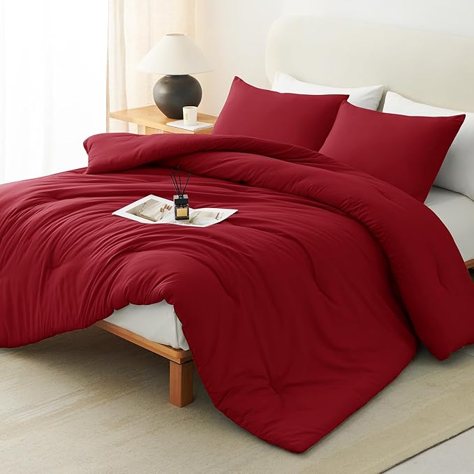 CozyLux California King Comforter Set Dark Red, 3 Pieces Cal King Solid Breathable Bedding Sets for All Seasons, Luxury Soft Lightweight Bed Set with Down Alternative Comforter and 2 Pillowcases