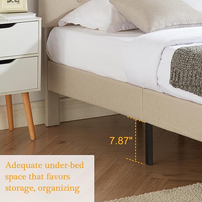VECELO Twin Size Bed Frame Upholstered Platform with Tufted Adjustable Headboard/Mattress Foundation with Wood Slat Support, Easy Assembly,Beige