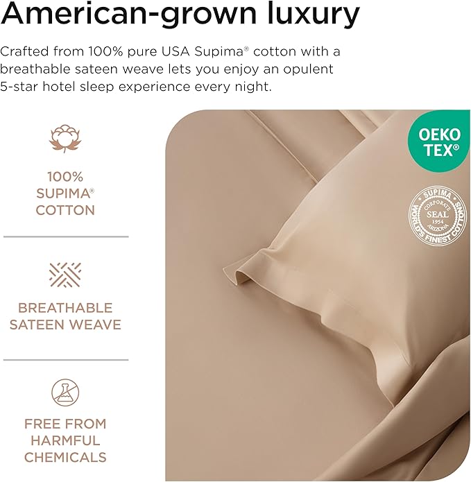 Threadmill Luxury Pillow Cases Queen | Standard Size Set of 2 | 1200 Thread Count 100% USA Supima Cotton | Soft Solid Sateen, Breathable Pillow Covers Fits Queen Pillows | Beige