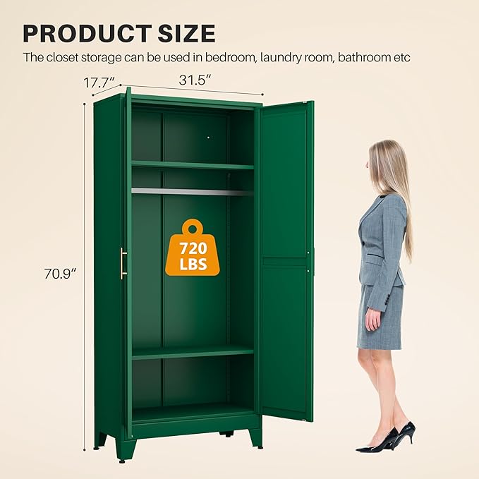 winiowa Metal Armoire Wardrobe Closet with 2 Doors, 71" Wardrobe Cabinet with Adjustable Shelves and Hanging Rod, Clothing Storage Cabinet Closet for Bedroom-Green