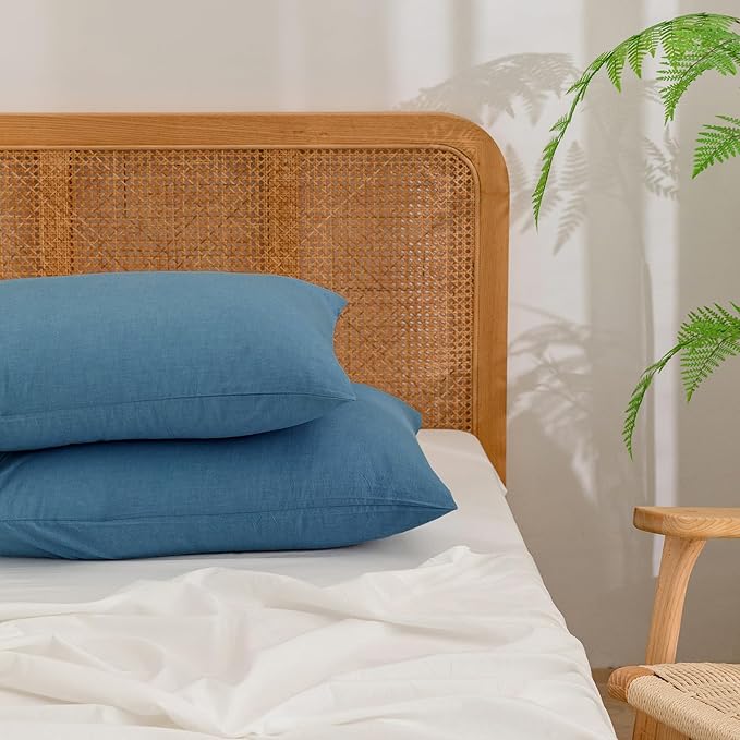 BESTOUCH 100% Washed Cotton Pillowcase for Hair and Skin Linen Feel Soft Comfortable Breathable 2 Set Pillow Case with Envelope Closure Solid Dark Blue Queen 20x30 Inches