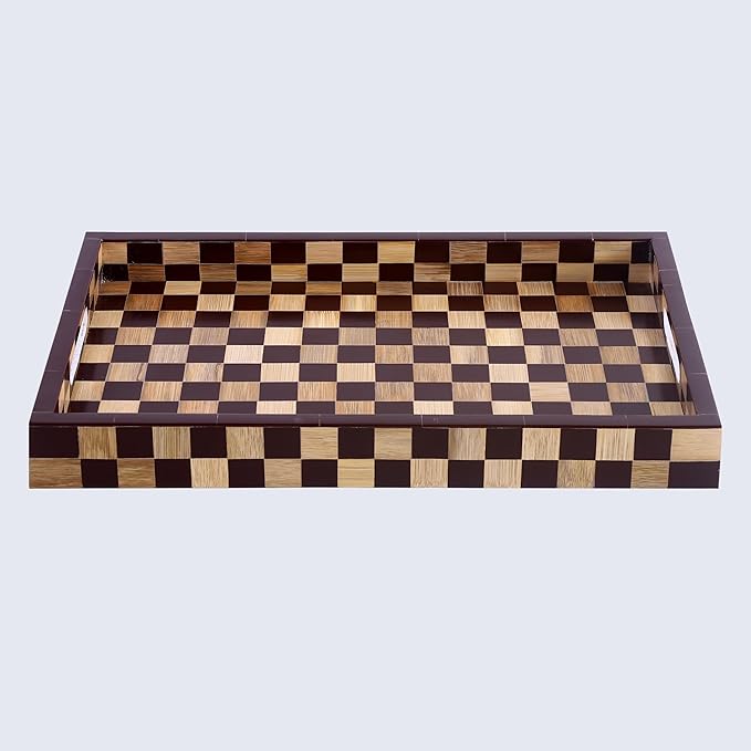 Handicrafts Home Checkered Decorative Tray 11x17 Inch, Handmade Resin Inlay Ottoman Tray, Coffee Table Centerpiece, Modern Wood Serving Tray, Brown Geometric Home Décor