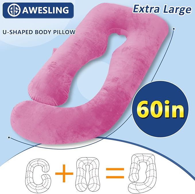 Shredded Memory Foam Body Pillow, Pregnancy Pillows for Sleeping, Maternity Pillow for Pregnant Women, Memory Foam Filling U Shaped Body Pillow with Velvet Cover (Purple, 60 inch)