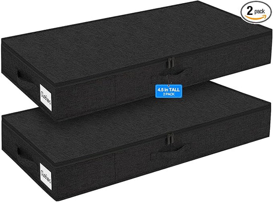punemi 4.5 Inches Tall Under Bed Storage Containers, Low Profile Underbed Clothes Storage Organizer Bin with Sturdy Side & Bottom, Use as Shallow Dorm Storage Under Bed, Black, 2 Pack