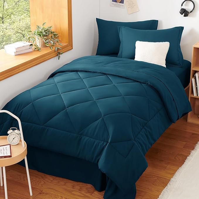 CozyLux Twin XL Comforter Set Lyons Blue - 5 Pieces Twin Extra Long Bed in a Bag for College Dorm, All Season Bedding Set for Girls and Boys, Soft Bed Set with Comforter, Sheets, Pillowcase & Sham