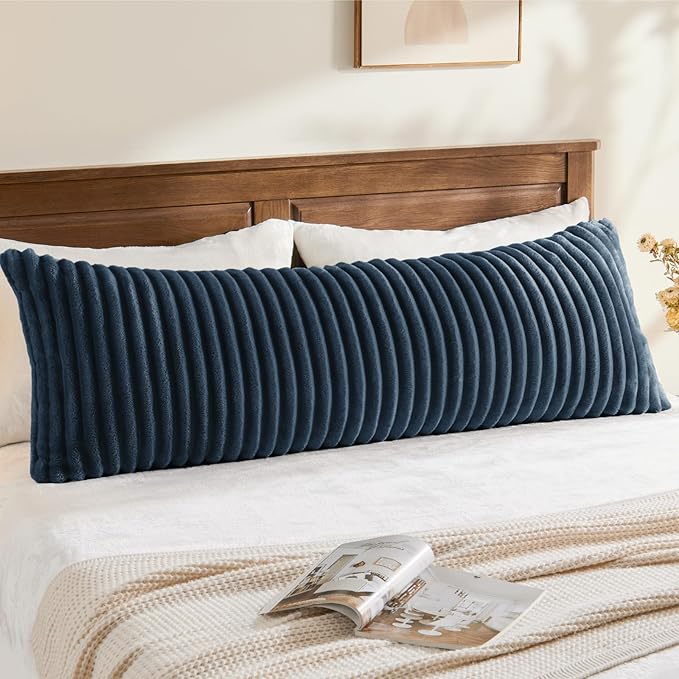 BEDELITE Fluffy Faux Fur Body Pillow Cover with Zipper, Luxury Plush 3D Striped Pillow Cover 20x54 Inches, Super Soft and Cozy Long Body Pillow Pillowcase for Bed Sofa Couch Room Decor(Navy Blue)