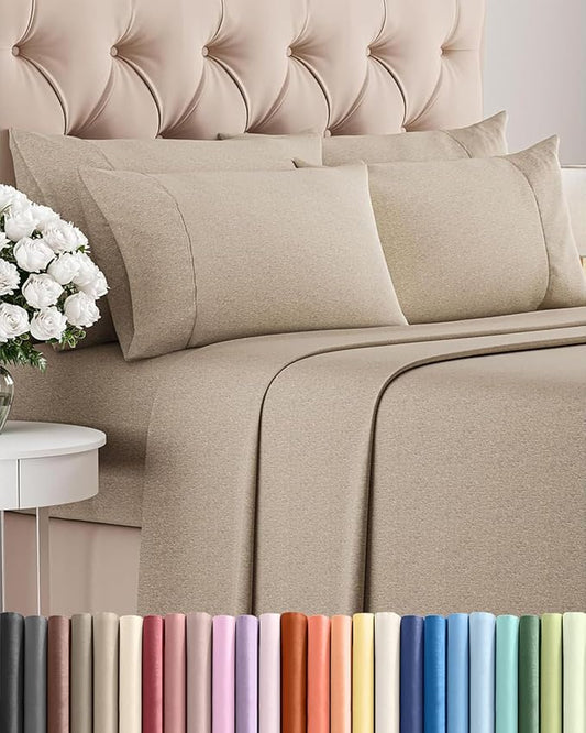 Queen 6 Piece Sheet Set - Comfy, Breathable & Cooling - Soft Hotel Luxury Bedding for Women, Men, Kids, Teens and Children - 1 Flat & 1 Fitted Sheet & 4 Pillowcases with Deep Pockets - Heathered Beige