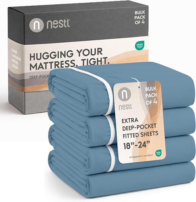 Nestl 4 Pack Blue Heaven Fitted Sheet Extra Deep Pocket, Hotel Luxury TwinFitted Sheet Only Easily Fits 18 to 24 Inch Mattress, Super Soft, Wrinkle-Free and Breathable with Corner Straps