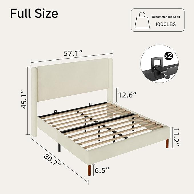 Full Boucle Bed Frame, Platform Bed with Upholstered Wingback Headboard, Strong Wooden Slats Support, Noise-Free, No Box Spring Needed, Easy Assembly, Beige