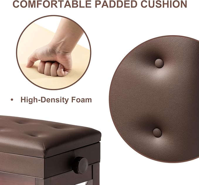 Adjustable Height Piano Bench Stool PU Leather Cushion Wooden Keyboard Seat with Music Storage (Brown)