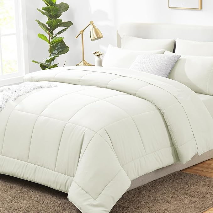 CozyLux King Size Comforter Set Ivory, 7 Pieces Bed in a Bag, Ivory Comforter King Size, Bedding Sets with All Season Quilted Comforter, Flat Sheet, Fitted Sheet, Pillowcases