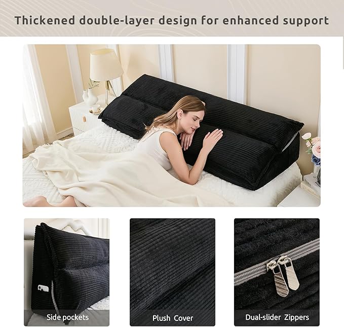 Zelladorra Wedge Pillow Headboard, Headboard Pillow Queen for Reading or Sitting, Bolster Pillow with Large Memory Foam, Removable Cover, Black