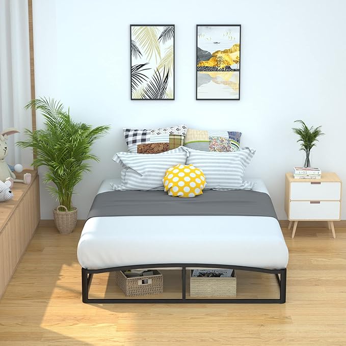 Amazon Basics Metal Platform Bed Frame with Wooden Slats, Sturdy Mattress Support, 10 Inches High, Under-Bed Storage, Full, Black
