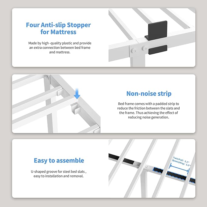 ROIL 7 Inch White Full Bed Frame with Rounded Corner and Mattress Retainers, 3500LBS Heavy Duty Steel Slats No Box Spring Needed Platform Noise-Free Easy Assembly
