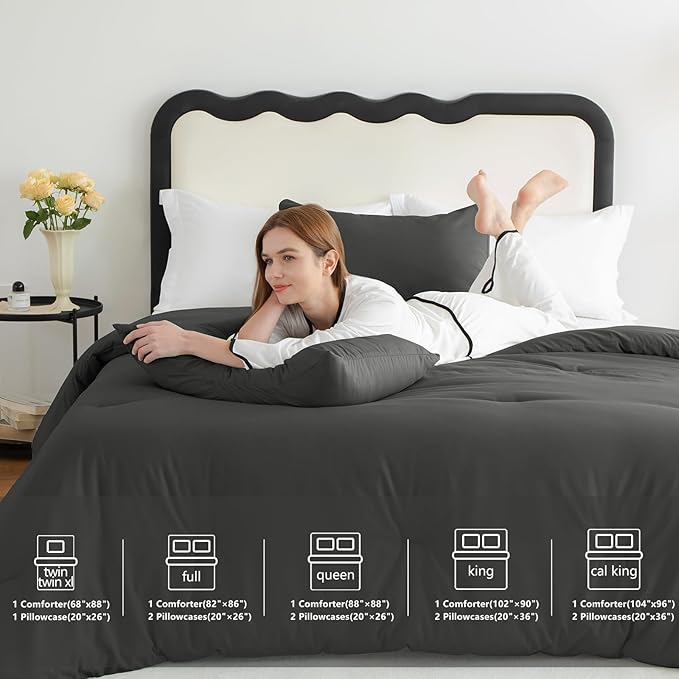 CozyLux Queen Comforter Set Dark Grey, 3 Pieces Solid Comforters Queen Size Breathable Quilted Bedding Sets, Dark Gray Luxury Soft Lightweight Bed Set with Down Alternative Comforter and 2 Pillowcases