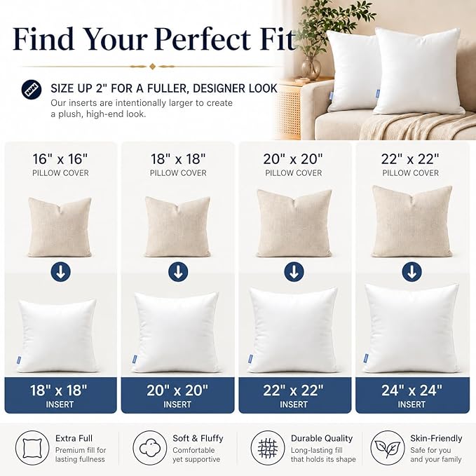 Leeden 20 x 20 Pillow Inserts (Set of 2) - Throw Pillow Inserts with 100% Cotton Cover - 20 Inch Square Decorative Pillows for Sofa, Couch, Bed and Home Decor