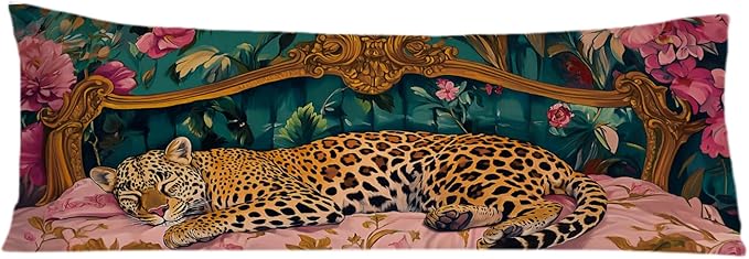 Vintage Leopard Floral 20x54 Body Pillow Cover, Cheetah Room Decor, Trendy Retro Sleepy Leopard Pink Flowers Decorative Long Body Pillow Cases for Bed Couch