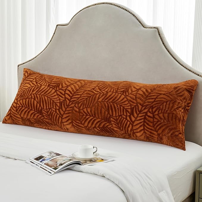 SOCHOW Fall Body Pillow Cover 21x54 Inches, Super Soft and Cozy Leaves Textured Fleece Long Body Pillowcase with Zipper Closure,1 Pack, Caramel
