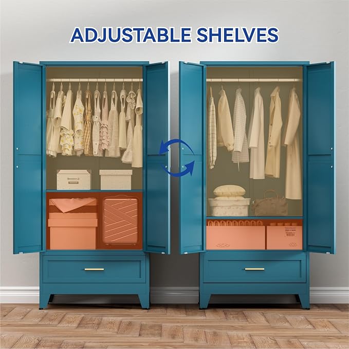 COFaR Metal Armoire Wardrobe Closet with Drawer, 71'' Tall Farmhouse Bedroom Armoires with Doors and Hanging Rod, Freestanding Steel Wardrobe Cabinet Coat Closet for Bedroom, Peacock Blue
