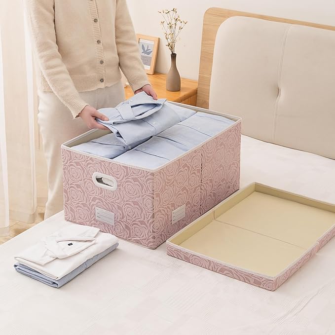 PRANDOM Extra Large Collapsible Storage Boxes with Lids Fabric Decorative Storage Bins Cubes Organizer Baskets with Cover Handles Divider for Bedroom Closet Living Room 19.6x15.7x11.8 Inch 3 Pack