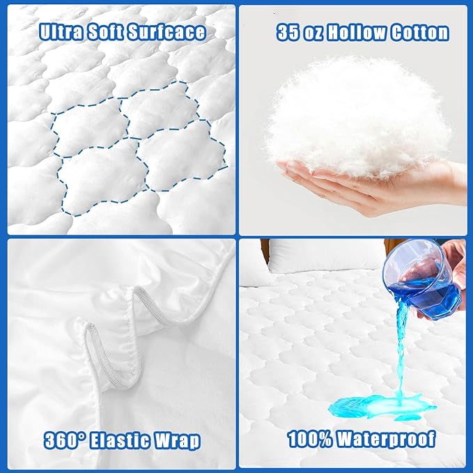 Waterproof Mattress Protector Cal King Size, Deep Pocket Fitted Quilted Mattress Pad Cover, Breathable, Hollow Cotton Alternative Filling Mattress Pad Cover