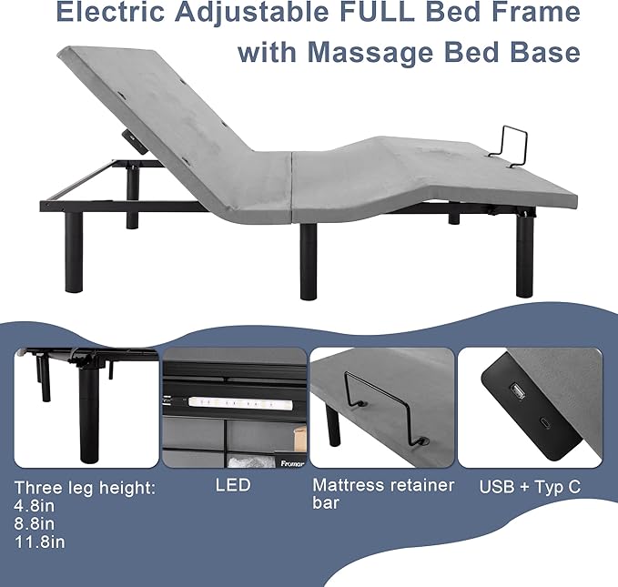 Fromann Adjustable Electric Full Bed Base Frame with Massage, USB Type-C Ports, Zero Gravity, Under Bed Led Lighting and Three Leg Height (Grey)