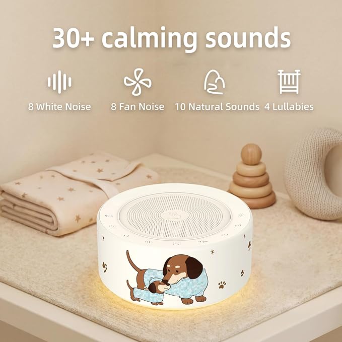 Kipcush White Noise Machine - Soft Non-Glare Nursery Lamp, 30 Soothing Sounds, 8 Color Lights, Max 8-Hour Timer for Baby & Adults