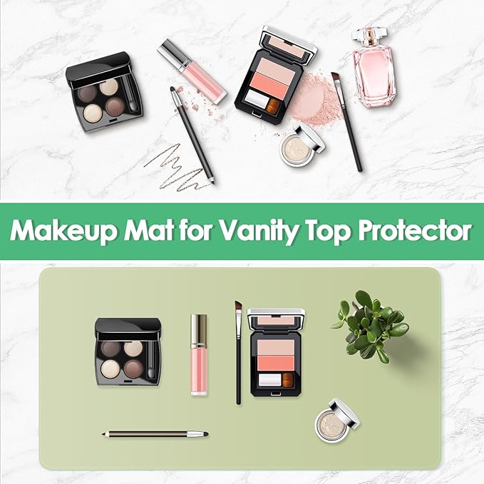 Makeup Mat for Vanity to Protect Desk Top 23.6 x 11.8 in, Dual-Sided Makeup Mat, Easy to Clean Desk Pad - Waterproof and Oilproof Vanity Accessories (Sage Green and Blue)