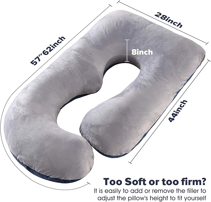 U-Shaped Full Body Pregnancy Pillow for Sleeping – 57" Maternity Pillow with Removable Cover, Support for Back, Legs, Belly & Hips (Velvet-Blue and Grey)