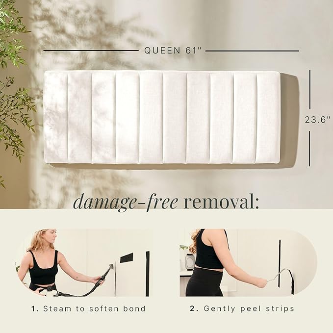 Hearth & Harbor Upholstered Queen Headboard - Easy Assemble Channel Stitched Headboard Queen Size - Wall Mounted Headboards with 3D Soundproof Wall Panels Peel & Stick Floating Headboards, Off White