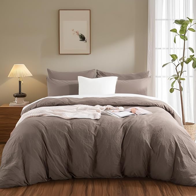 NEXHOME PRO 100% Washed Cotton Duvet Cover Full Size, Ogranic Natural Linen Feel Breathable Bedding Set with Zipper Closure, 3 Pieces Duvet Cover Set Chocolate (No Comfortert) 8090