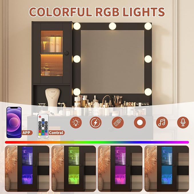 IDEALHOUSE Makeup Vanity Desk with Mirror and Lights, Vanity Table with Charging Station, 2 Open Compartments, 2 Acrylic-Door Cabinets, and RGB Lights Wood Dressing Table for Bedroom