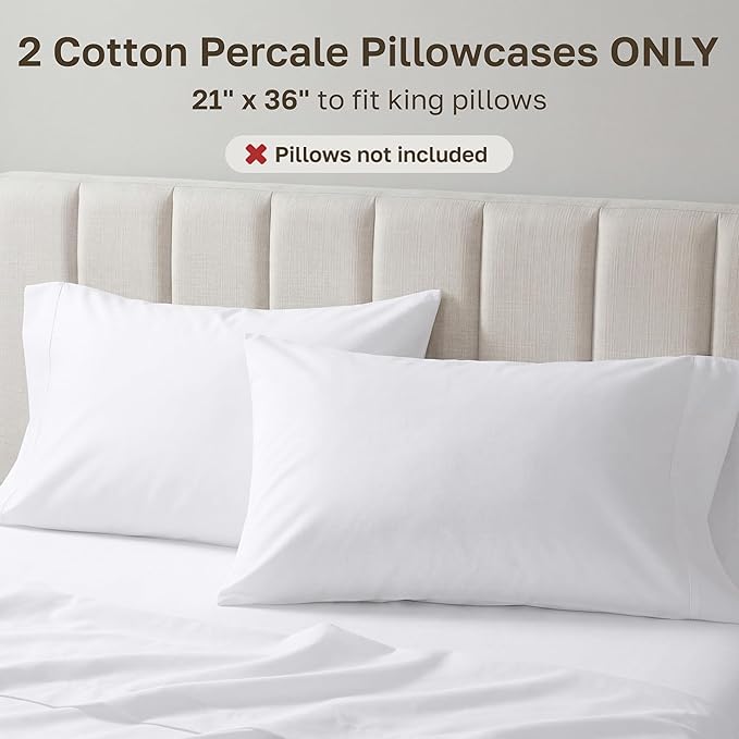 California Design Den 100% Egyptian Cotton Pillow Cases King Size Set of 2 - Crisp Percale Feel, Soft & Breathable Cotton Pillow Covers - White