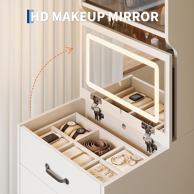 Garvee 3 in 1 Vanity Desk with 3 Color LED, Compact Makeup Vanity Set with 2 AC Outlets & USB, Dressing Table with Drawers & Acrylic Doors, Nightstand Vanity Mirror, Jewelry Box, Hidden Chair, White