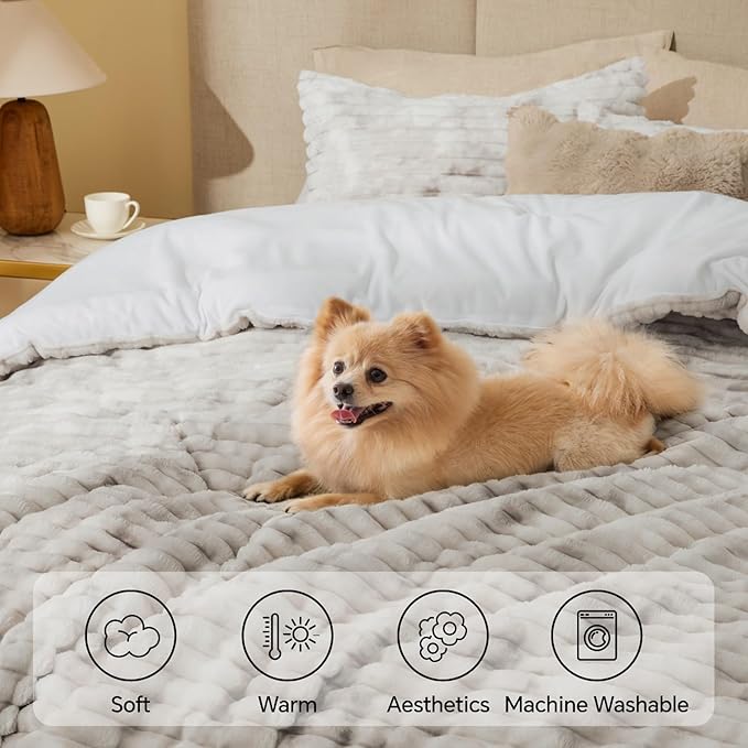 BEDELITE Fleece Queen Comforter Set -Super Soft & Warm Fluffy Grey&White Bedding, Luxury Fuzzy Heavy Bed Set for Winter with 2 Pillow Cases