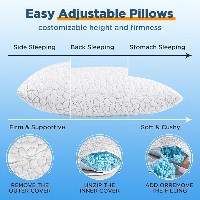 Side Sleeper Pillow for Adults, King Size Cooling Pillow for Neck and Shoulder Pain Relief, Adjustable Firm Soft Shredded Memory Foam Pillows for Side Back Stomach Sleepers, Bed Pillows for Sleeping