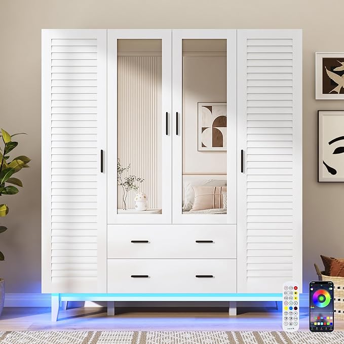 jiteentarou 4 Door Armoire Wardrobe Closet Cabinet with Drawers and LED Lights, Multi-Tier Shelves, Hanging Rod & 4 Louver Doors, Large Capacity Storage Wardrobe Armoire for Bedroom(4 Doors White) | 4 Door, Armoire, with Drawers, LED Lights, Multi-Tier...