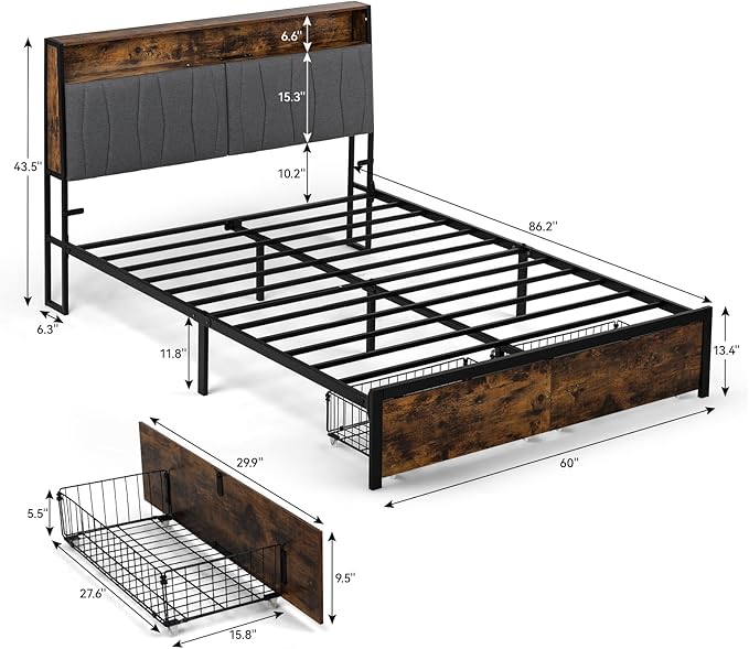 COMHOMA Queen Size Platform Bed Frame with LED Lights and Charging Station, Storage Headboard and Footboard Drawers, No Box Spring Needed, Rustic Wood Look