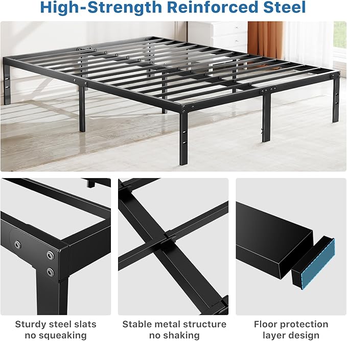 OLIXIS Metal Full Bed Frame - 14in High with Storage Space, No Box Spring Needed with Sturdy Steel Slat Support, 2200LBS Heavy Duty for Easy Assembly, Black for Bedroom