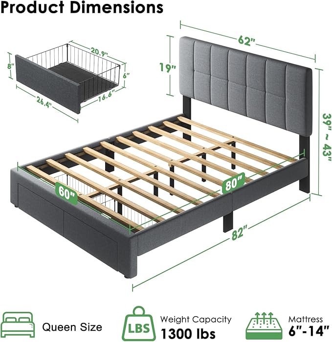 Marsail Queen Bed Frame with 2 Storage Drawers, Sturdy & Durable with 12 Support Legs, 1300 lbs Capacity, Solid Wooden Upholstered Adjustable Headboard for 6″–12″ Mattresses, Easy Assembly, Dark Gray